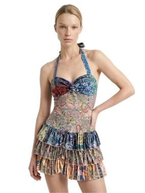 Multicolor Paisley Halter Boho Ruffle Mini Dress Size 2 XS P2P 13”